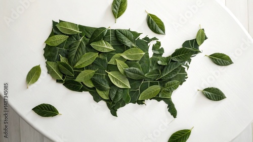 Leaf Shaped USA Map Arranged on White Table  