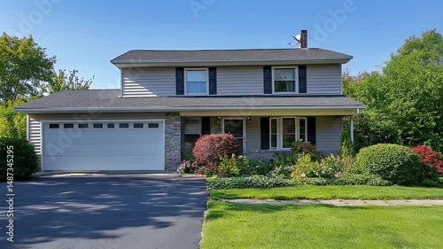 Suburban Two Story House with Gray Siding Dark Shutters and Well Maintained Lawn and Garden Under Blue Sky on Bright Sunny Day with Some AI Defects
