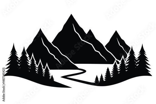 Majestic mountains loom behind evergreens, flanking the winding river in this monochrome vista
