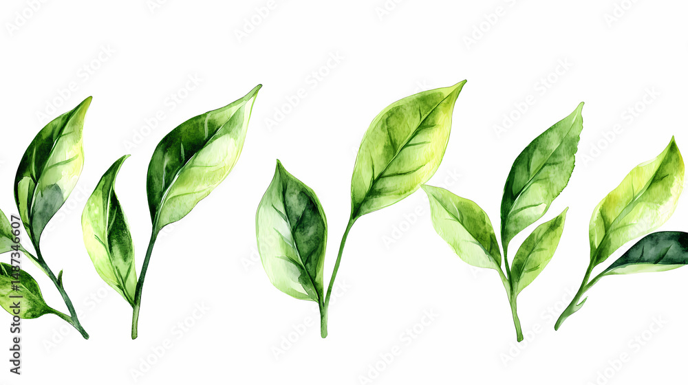 Fototapeta premium Watercolor Green Tea Leaves Illustration
