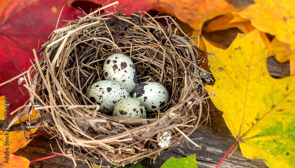 Obraz premium Autumnal Nest: Quail Eggs in a Bird's Nest Surrounded by Colorful Fall Leaves