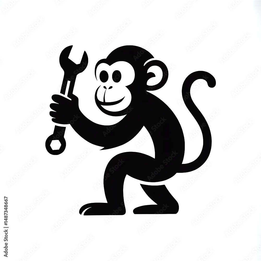 Obraz premium Cartoon Monkey Holding Wrench Simple Black Silhouette