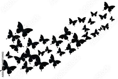 Numerous black butterflies seem to ascend diagonally across a stark white background in minimalist style