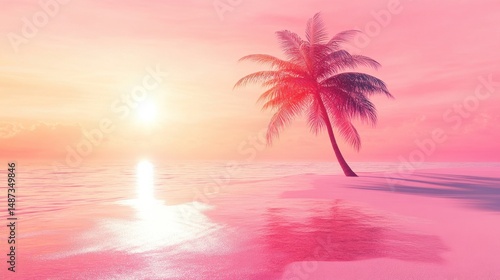 Golden hour on a desert island, vibrant pink skies, palm tree shadows on the glowing sand