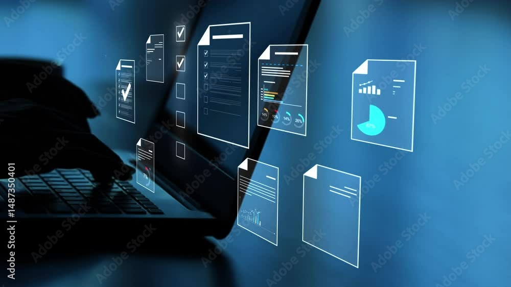 Document management concept, Businesswomen check electronic documents on digital documents on virtual screen Document Management System and process automation to efficiently document paperless operate