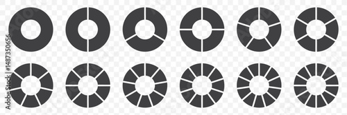 Pie chart set. Circle section graph. Pie chart divided 1,2,3,4,5,6,7,8,9,10,11,12 equal parts. Infographic wheel segment or section parts. Circle division infographic icon set. Vector illustration.