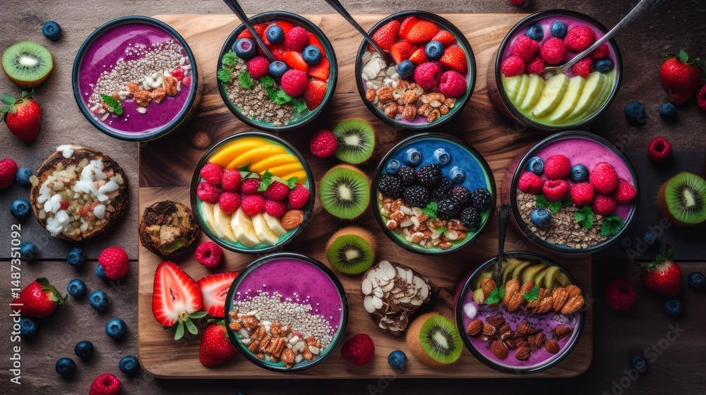 Fototapeta premium Colorful fruit and yogurt parfait display on a wooden surface.