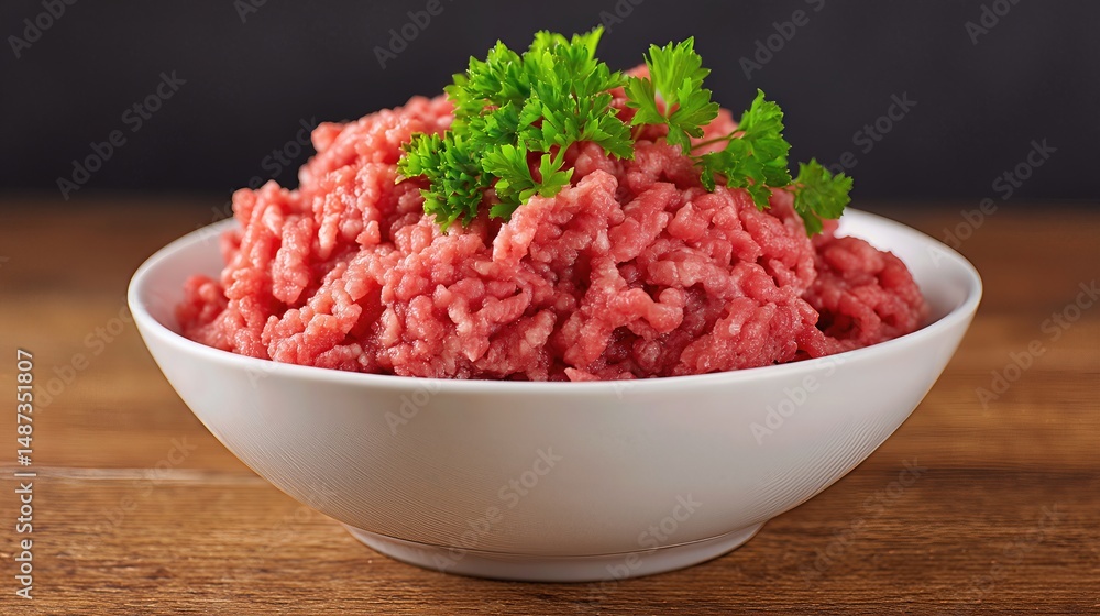 A bowl filled with minced raw beef sits on the kitchen counter, ready for cooking.
A bowl filled with minced raw beef sits on the kitchen counter, ready for cooking.