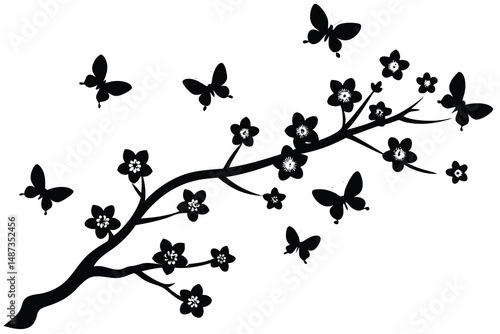Silhouette flowers bloom upon the branch as butterflies flutter around on a white background