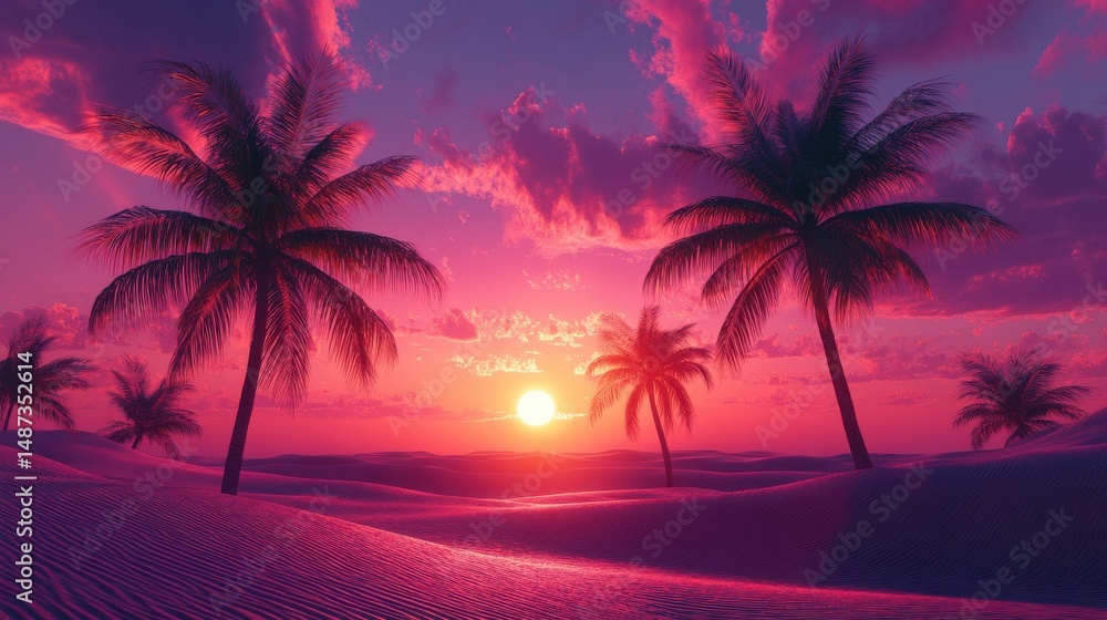 Sunset over a tropical ocean, glowing pinks and purples in the sky, palm shadows overlaying the water Sunset over a tropical ocean, glowing pinks and purples in the sky, palm shadows overlaying the water