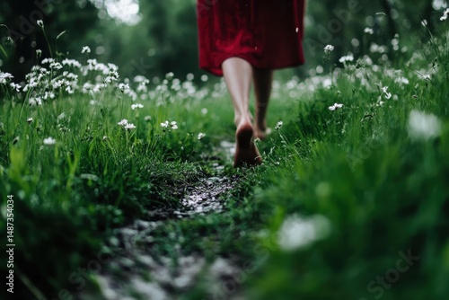 Barefoot Stroll: A woman strolls barefoot along a green path, her red dress adding a burst of color amidst the lush greenery, evoking a sense of freedom and connection with nature.