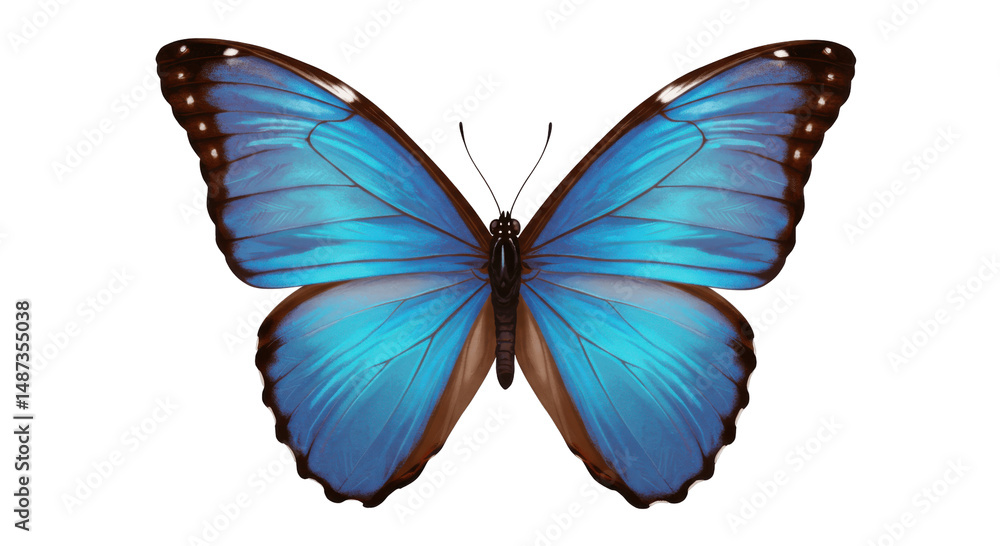 Obraz premium Blue butterfly with open wings in top view, isolated on transparent PNG background