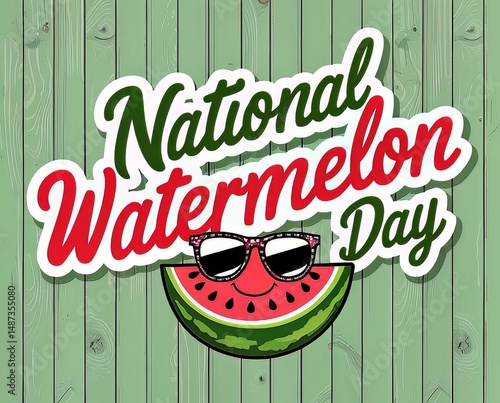 National Watermelon Day | Bold & Playful Graphic with Vibrant Cursive Font on Green Wood Background