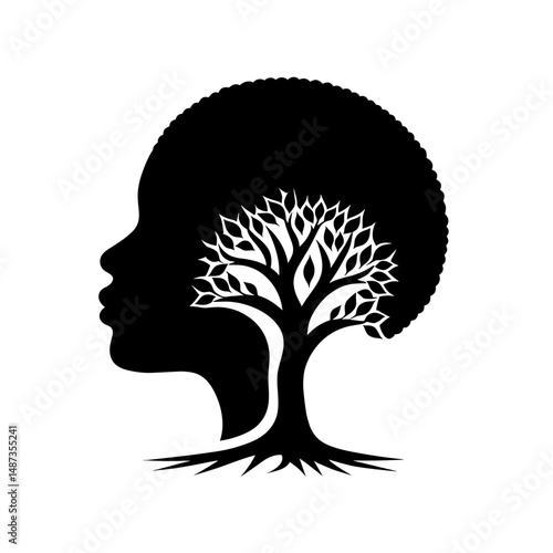 African woman with tree hair symbolizing roots and freedom