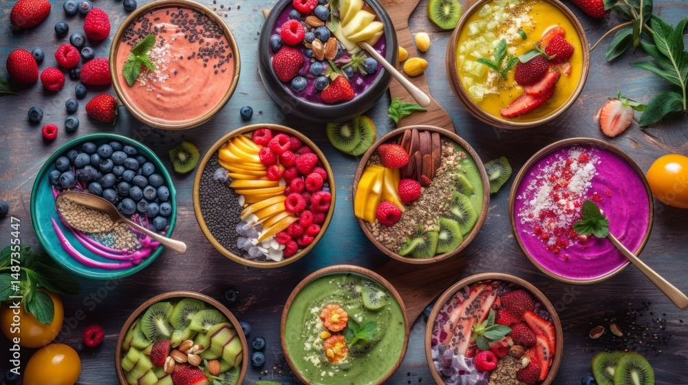 Colorful bowls of healthy fruits and vegetables. Colorful bowls of healthy fruits and vegetables.