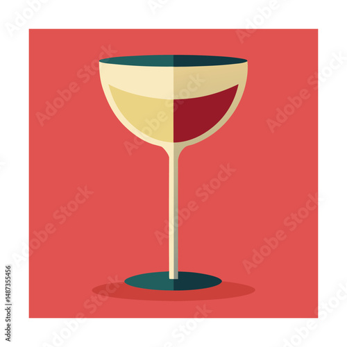 Vector illustration of a wine glass containing white and red wine on red background.