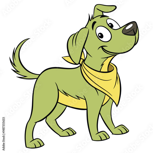 Cartoon green dog with yellow bandana on white background. Adobe Illustrator Artwork