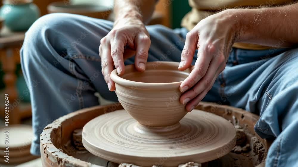 A person shapes a clay bowl on a pottery wheel, focusing intently on the hands and ceramic process. A person shapes a clay bowl on a pottery wheel, focusing intently on the hands and ceramic process.