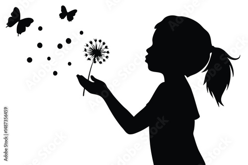 Silhouette of little girl blows dandelion seeds as butterflies fly on white background