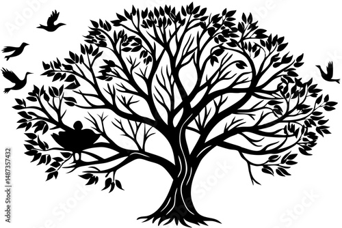 Black silhouette of a tree with bird's nest in three quarter view, tree silhouette, bird's nest, vector, nature, plant, branch, leaves, wildlife, spring, summer, environment, ecology, birds, nest, abs