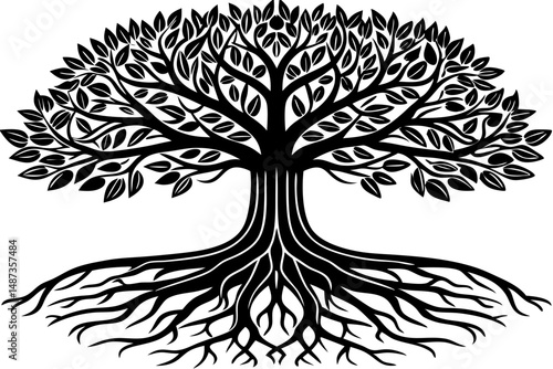 Black silhouette side view illustration of tree root system, tree, root, system, roots, side, view, silhouette, nature, plant, graphic, design, illustration, vector, black, white, transparent, ecology