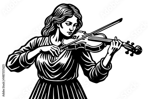 Elegant musician playing violin silhouette illustration with transparency, violin, musician, instrument, music, player, female, woman, silhouette, black and white, transparent, design, vector, art