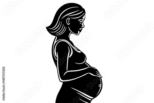 Elegant black silhouette of a pregnant woman in side profile view, pregnancy, pregnant, woman, female, expecting, mother, maternity, baby, bump, silhouette, profile, side, view, black, white, illustra