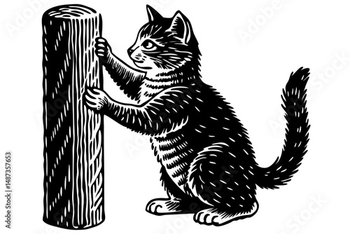 Playful kitten scratching a textured post in a detailed ink illustration, cat, kitten, feline, animal, pet, scratch, scratching, post, tree, wood, texture, ink, illustration, design, vector, graphic