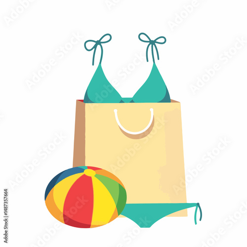 Colorful swimwear and bag with beach ball, summer vibes