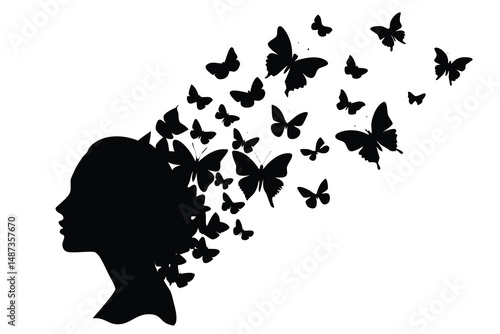 Silhouette shows woman with butterfly swarm erupting from head forming a stylish hair