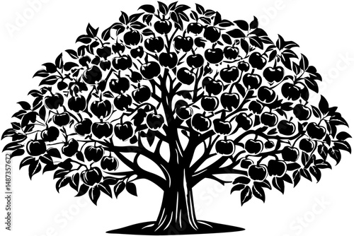 Side view black silhouette of an apple tree bearing fruit, apple tree, fruit, side view, silhouette, black, vector, illustration, nature, harvest, orchard, branch, leaf, agriculture, graphic, design