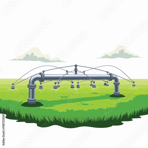 Modern irrigation system in green field under clear sky, agricultural efficiency