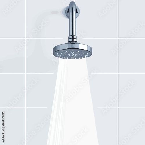 Sleek chrome showerhead refreshing water in minimalist bathroom, serenity