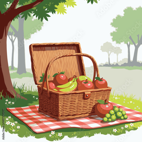 Colorful picnic basket filled with fruits on grassy blanket, outdoor fun