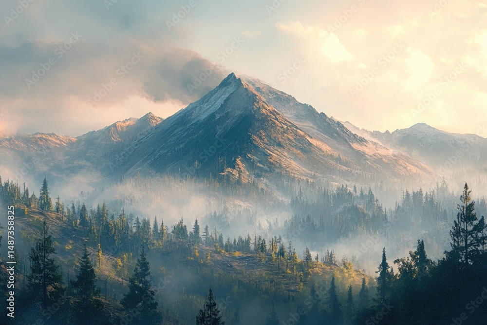 Obraz premium Misty mountain peaks rise above a valley filled with pine forests.