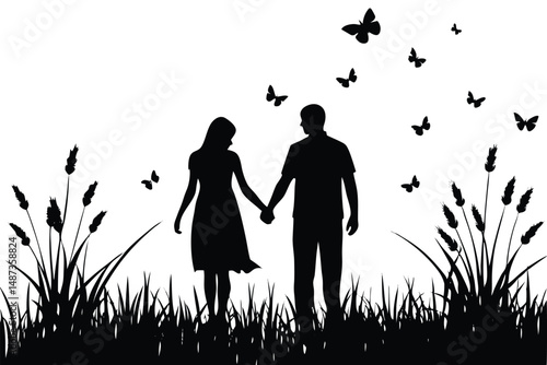 Silhouetted couple walks hand in hand through a field as butterflies flutter around them