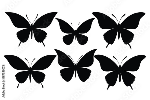 Six unique black butterfly silhouettes are displayed across a white backdrop in this vector