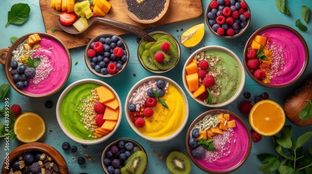 Colorful bowls of healthy fruit smoothies and toppings. Colorful bowls of healthy fruit smoothies and toppings.