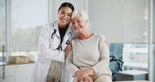 Принти на полотні Senior woman, doctor and hug in portrait at clinic with support, kindness and medical services