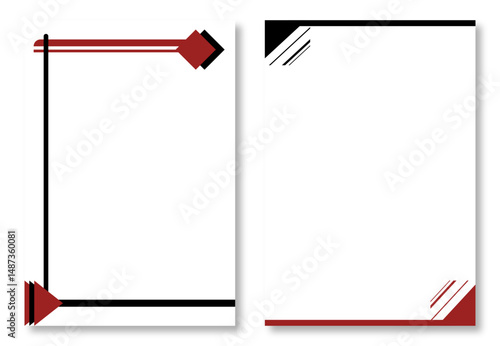 Two abstract letterhead designs, with page templates with red and black geometric border designs on a clean white background. Modern and attractive design elements. Modern letterhead design templates