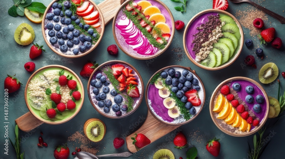 Colorful fruit and yogurt bowls arranged on a teal background. Colorful fruit and yogurt bowls arranged on a teal background.