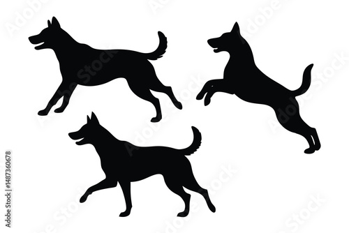Three black dog silhouettes represent different poses, including running and walking on a white backdrop