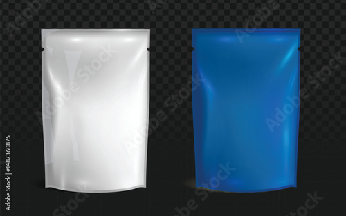 Realistic vector graphic of white and blue stand-up pouches or doypacks. Isolated flexible packaging objects perfect for food, retail, or mockup design projects. Transparent background.