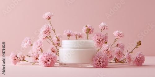 Wallpaper Mural Elegant Cream Jar with Lavender and Wildflowers on Pastel Pink Background Torontodigital.ca