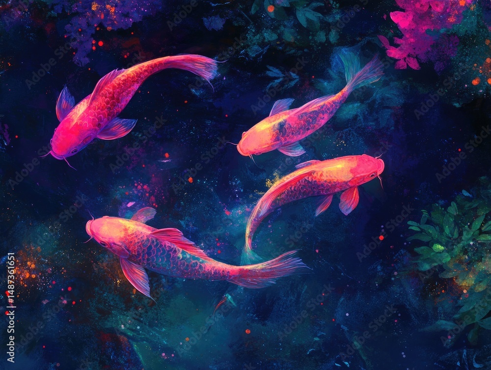 Fototapeta premium Vibrant, colorful koi fish swimming in a surreal aquatic environment.