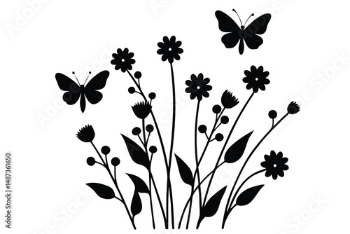 Two black butterflies flutter above silhouetted daisies and berry sprigs create a charming nature scene