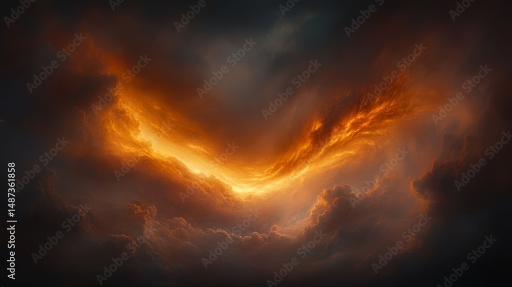 Fototapeta premium Dramatic Fiery Sunset Sky Cloudscape Intense Orange Hues Heavenly Glow