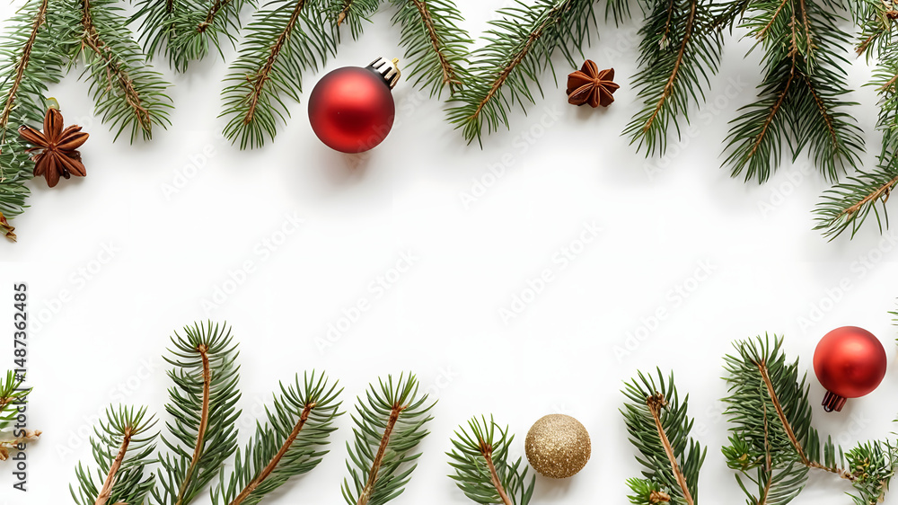 Festive christmas flat lay featuring evergreen branches ornaments and white space Festive christmas flat lay featuring evergreen branches ornaments and white space