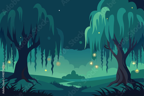 night landscape with trees and sea