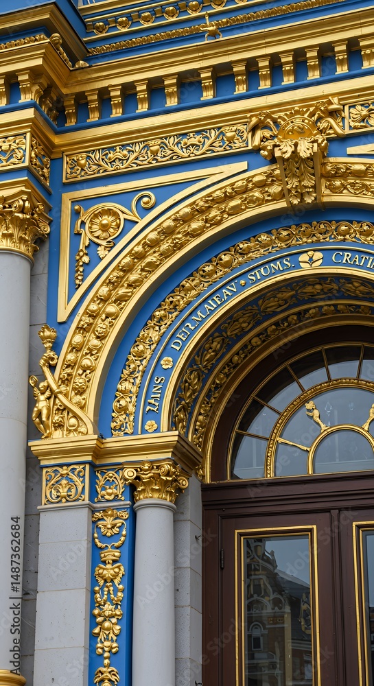 Obraz premium Building facade detail with ornate blue and gold architectural elements